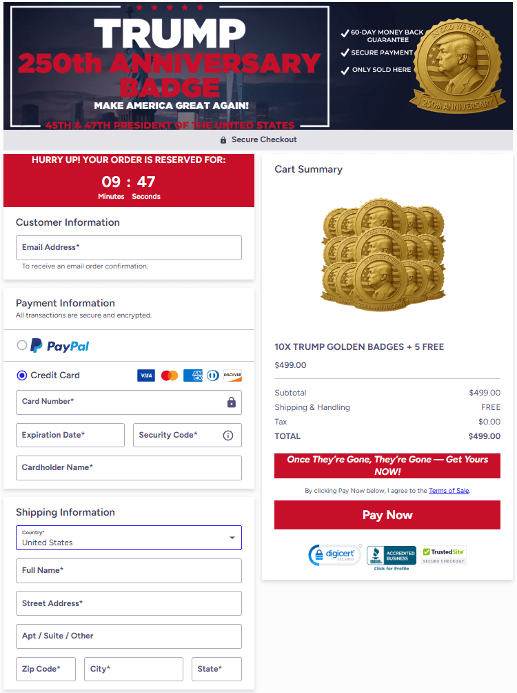 Trump Golden Badge secure checkout form